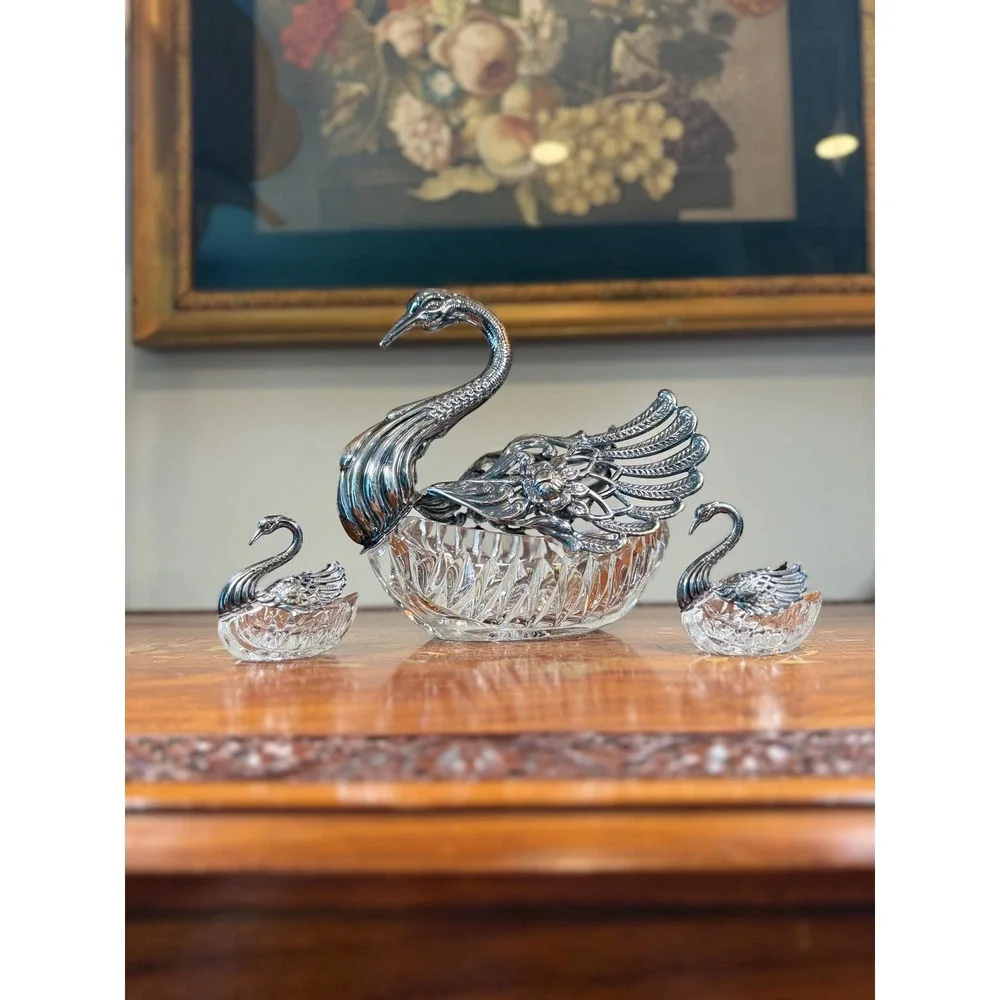 Vintage 3-Piece Crystal Swan Set Centerpiece Bowl with 2 Salt Cellars